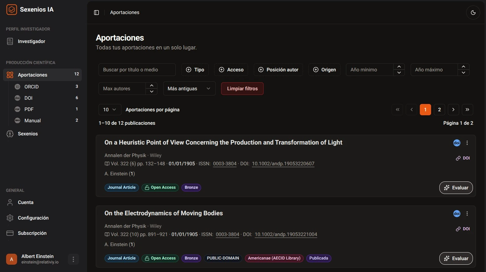 Panel de control para preparar sexenios de investigación